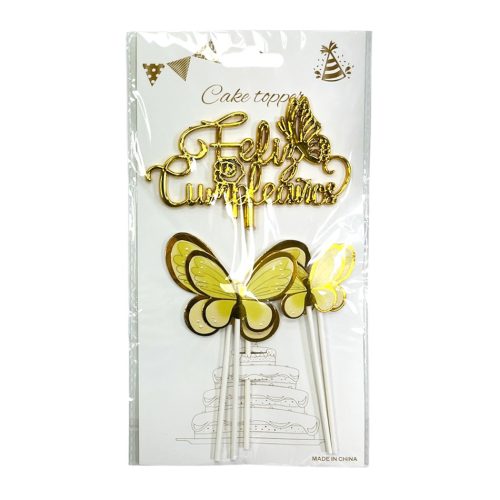 Topper Feliz Cumpleaños Cursiva 3D Dorado Con Mariposas 5pcs