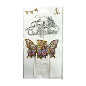 Topper Feliz Cumpleaños Cursiva 3D Plateado Mariposas 5pcs