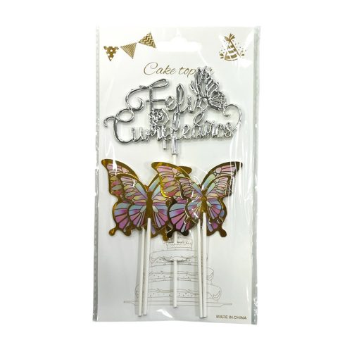Topper Feliz Cumpleaños Cursiva 3D Plateado Mariposas 5pcs