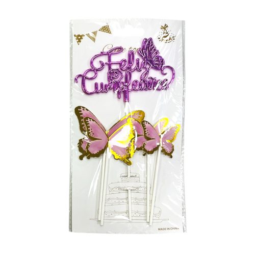Topper Feliz Cumpleaños Cursiva 3D Rosa Con Mariposas 5pcs