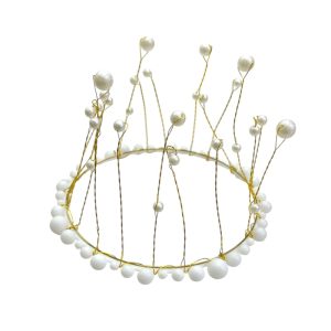 Adorno Cake Topper Corona Dorada con Perlas Blancas 12cm