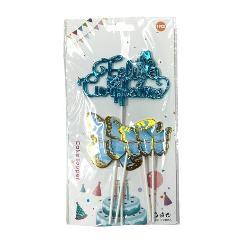 Topper Feliz Cumpleaños Cursiva 3D Mariposas Celestes 5pcs