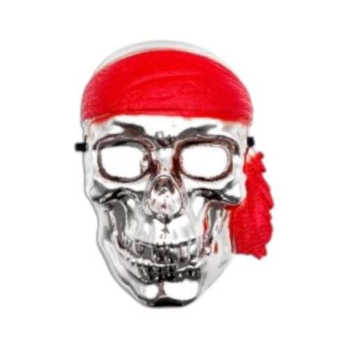 Mascara Rígida Calavera Pirata Plateada Con Pañuelo Rojo