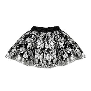 Pollera Tutú con Tul Color Negro Calaveras Plateadas Halloween