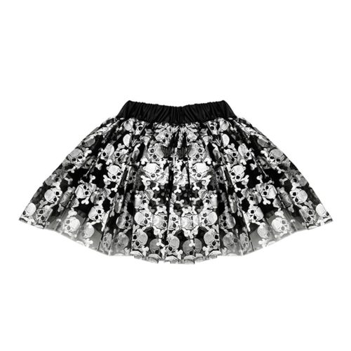 Pollera Tutú con Tul Color Negro Calaveras Plateadas Halloween