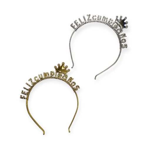 Vincha Feliz Cumpleaños con Corona y Strass Plateada/Dorada