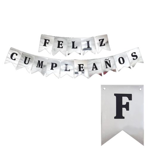 Banderin FELIZ CUMPLEAÑOS Metalizado Plateado Letras Negras