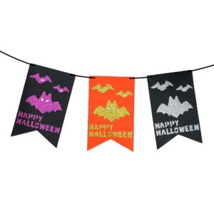 Banderin Pañolenci Happy Halloween Cuadrado Calado Murcielagos 2,5mts