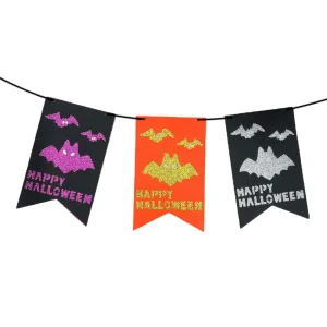 Banderin Pañolenci Happy Halloween Cuadrado Calado Murcielagos 2,5mts