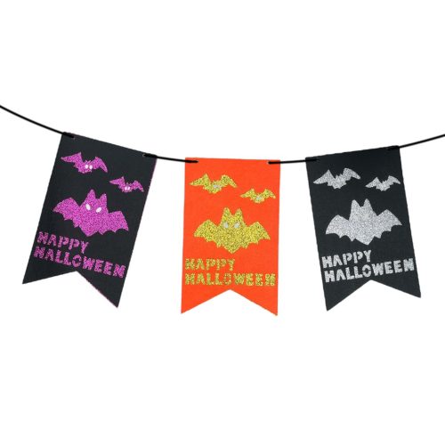 Banderin Pañolenci Happy Halloween Cuadrado Calado Murcielagos 2,5mts