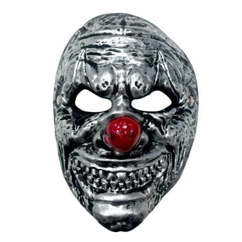 Mascara Poliuretano Payaso Maldito Plateado con Nariz Roja