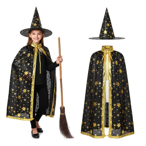 Set Halloween Sombrero Bruja y Capa Estampado Color Negro