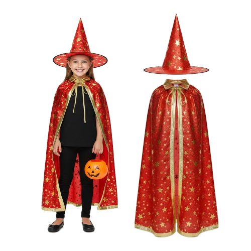 Set Halloween Sombrero Bruja y Capa Estampado Color Rojo