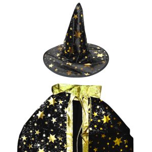Set Halloween Sombrero Bruja y Capa Estampado Color Negro - Imagen 3