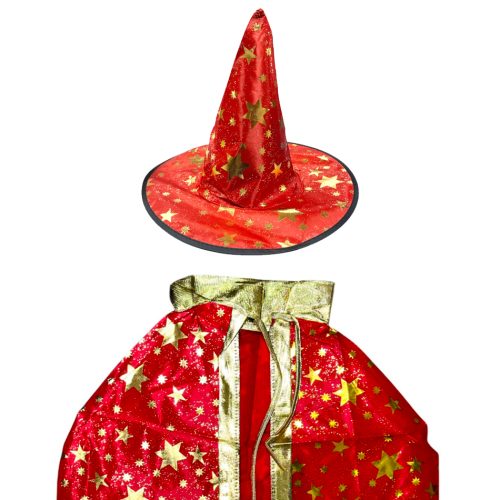 Set Halloween Sombrero Bruja y Capa Estampado Color Rojo