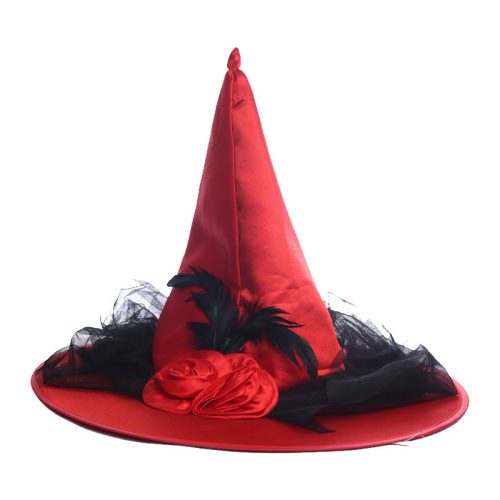 Sombrero de Bruja con Tul Rosas y Plumas Rojo