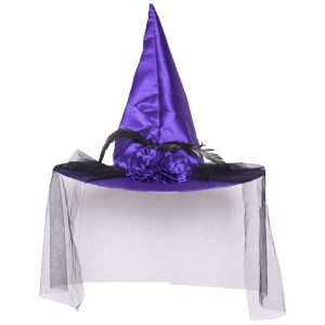 Sombrero de Bruja con Tul Rosas y Plumas Violeta