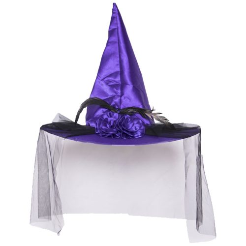 Sombrero de Bruja con Tul Rosas y Plumas Violeta