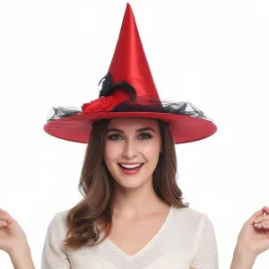 Sombrero de Bruja con Tul Rosas y Plumas Rojo