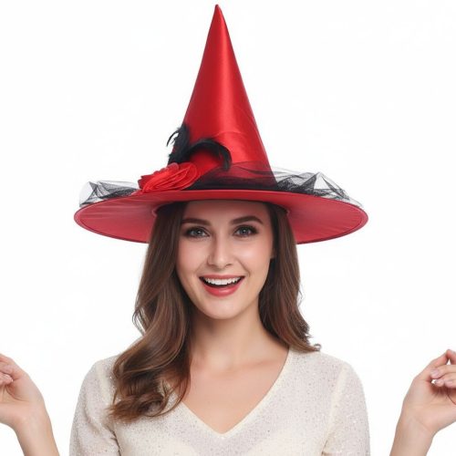 Sombrero de Bruja con Tul Rosas y Plumas Rojo