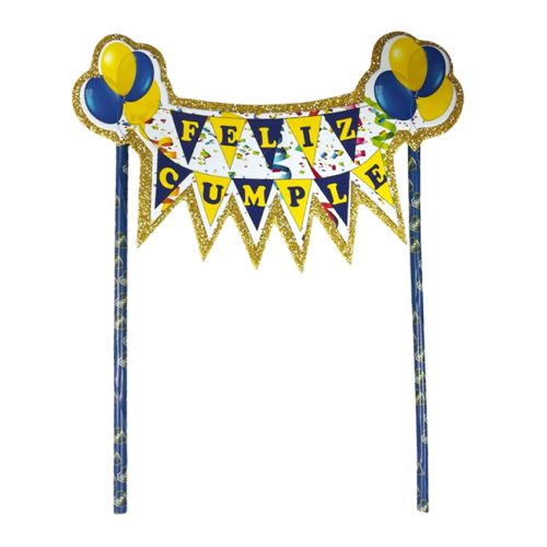 Banderin para Torta Feliz Cumple Azul y Amarillo con Escudo Boca Juniors