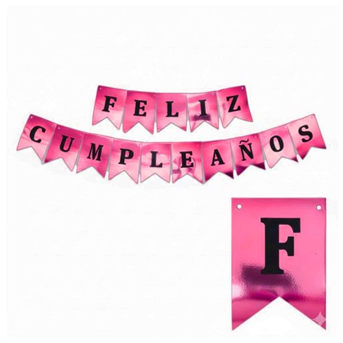 Banderin Feliz Cumpleaños Metalizado Rosa Letras Negras