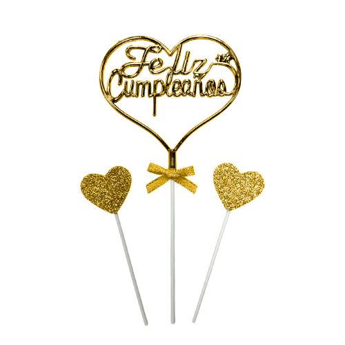 Topper Feliz Cumpleaños Cursiva Metal 3D Dorado Con Corazones 3pcs