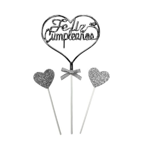 Topper Feliz Cumpleaños Cursiva Metal 3D Plateado Con Corazones 3pcs