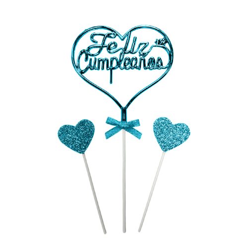 Topper Feliz Cumpleaños Cursiva Metal 3D Celeste Con Corazones 3pcs