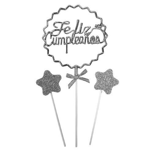 Topper Feliz Cumpleaños Cursiva Metal 3D Plateado Con Estrellas 3pcs