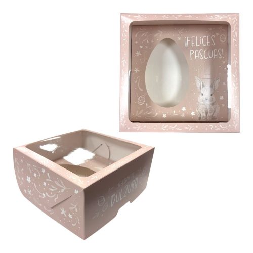 Caja para Medio Huevo con Visor Felices Pascuas Rosa Gold N15/16