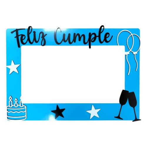 Cuadro Marco de Selfie Feliz Cumple Celeste Blanco y Negro Fibrofacil 57 x 39cm