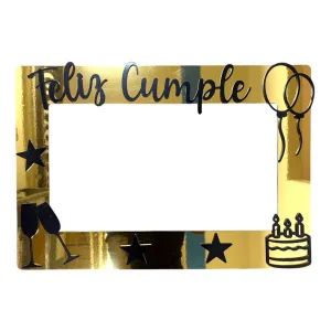 Cuadro Marco de Selfie Feliz Cumple Dorado y Negro Fibrofacil 57 x 39cm