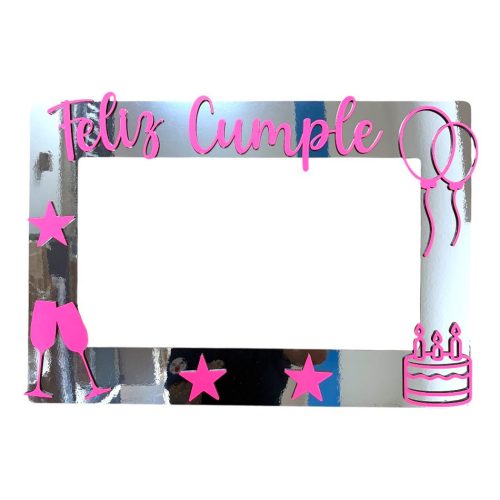 Cuadro Marco de Selfie Feliz Cumple Plateado y Rosa Fibrofacil 57 x 39cm