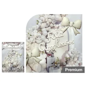 Kit Globos Premium Feliz Cumple Moño Blanco 64 Piezas