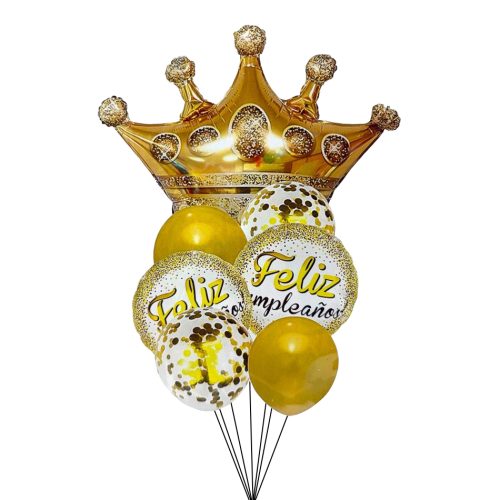 Kit Globos Feliz Cumple Dorado Corona Confetti 7pcs x1u