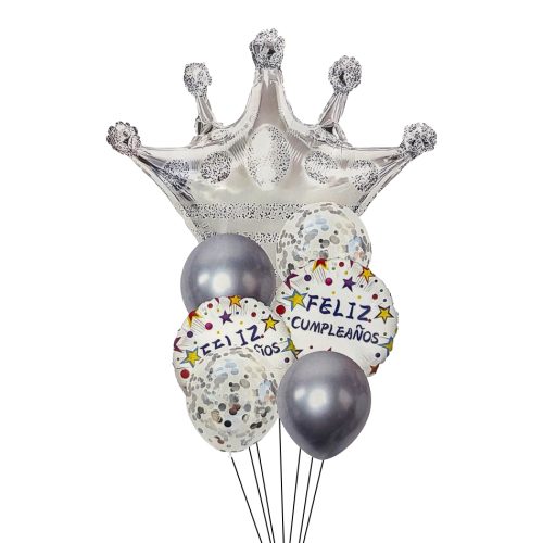 Kit Globos Feliz Cumple Plateado Corona Confetti 7pcs x1u
