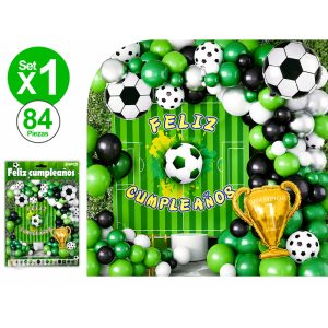 Kit Globos Premium Banner Feliz Cumpleaños Pelota Trofeo 84 Piezas Aprox