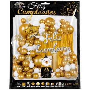 Kit Globos Premium Feliz Cumpleaños Dorado 64 Piezas Aprox
