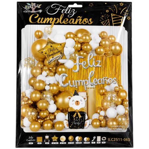 Kit Globos Premium Feliz Cumpleaños Dorado 64 Piezas Aprox