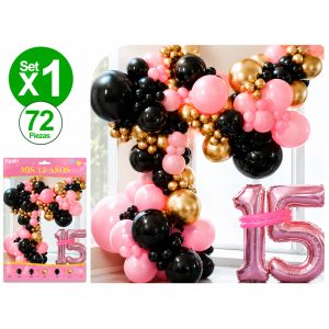 Kit Globos Premium Mis 15 Años Negro Dorado Rosa 72 Piezas Aprox