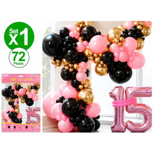 Kit Globos Premium Mis 15 Años Negro Dorado Rosa 72 Piezas Aprox