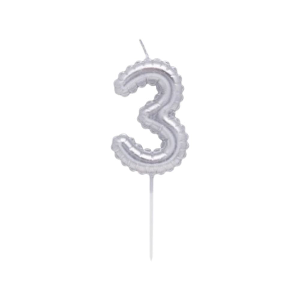 Vela Numero Globito Plateado Numero 3