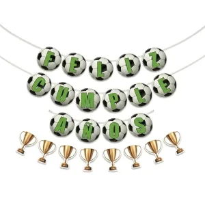 Banderin Feliz Cumpleaños Linea Futbol Pelota y Copas x1u