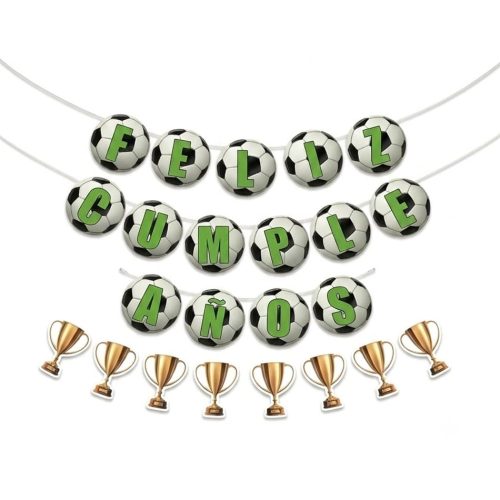 Banderin Feliz Cumpleaños Linea Futbol Pelota y Copas x1u