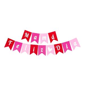 Banderin Feliz Dia Mama Tricolor Rosa, Fucsia y Rojo