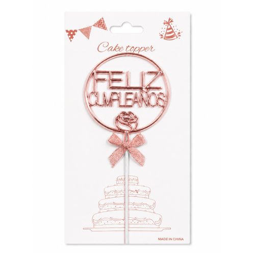 Topper Metalizado Feliz Cumpleaños Circulo Rosa Gold x1u