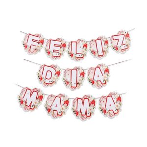 Banderin Feliz Dia Mama Corazon con Flores Rojo y Blanco