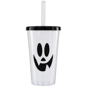 Vaso de Plastico Halloween Cara Fantasmal Glitter con Tapa y Sorbete 400cc