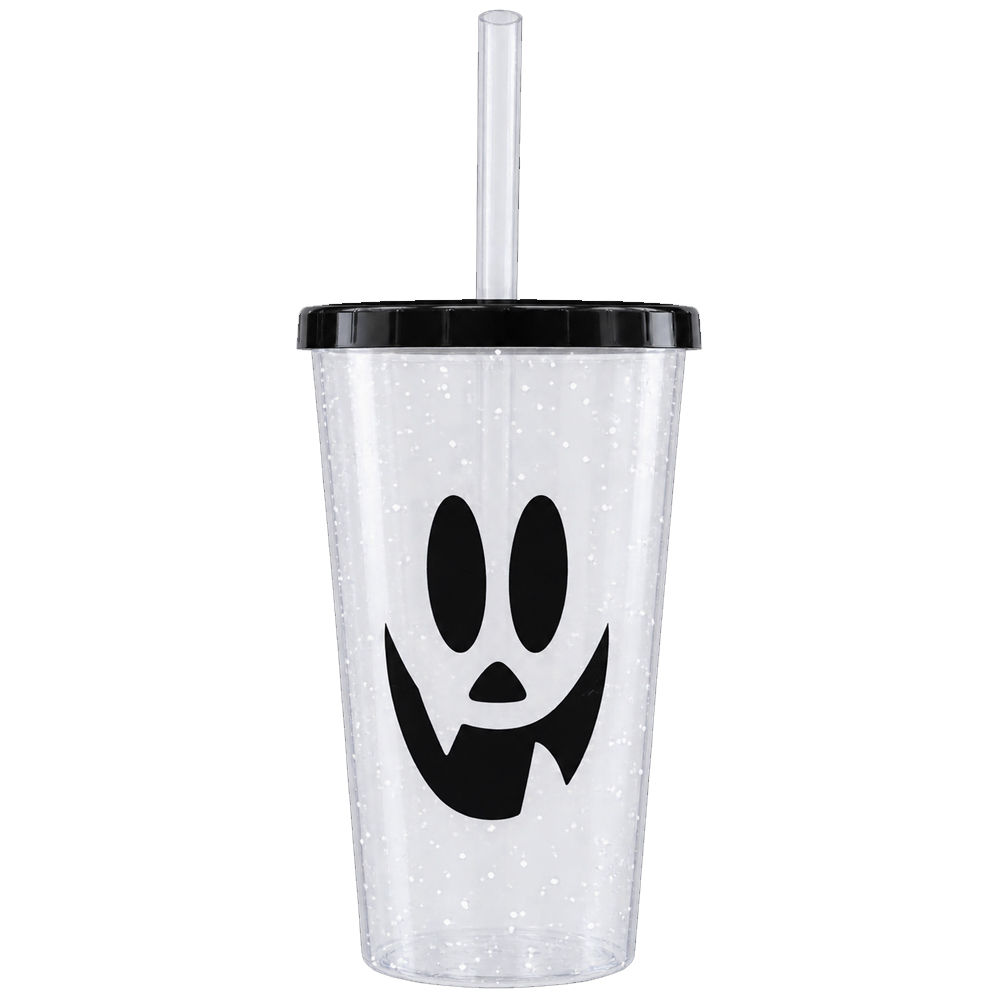 Vaso de Plastico Halloween Cara Fantasmal Glitter con Tapa y Sorbete 400cc